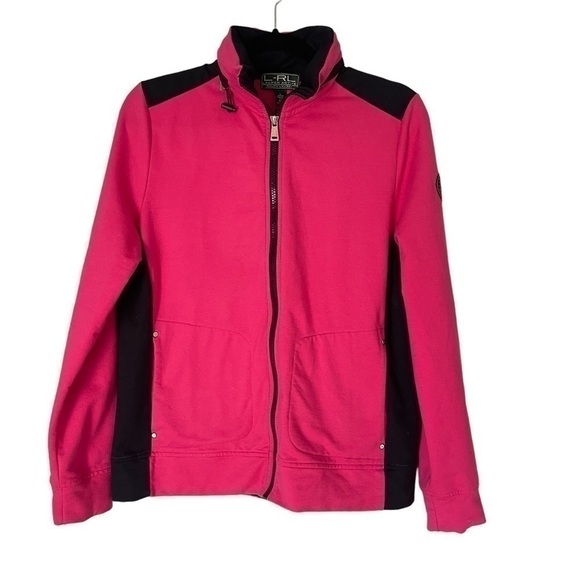 L-RL Lauren Active Colorblock Full Zip Long Sleeve Hidden Hood Jacket - Picture 1 of 12